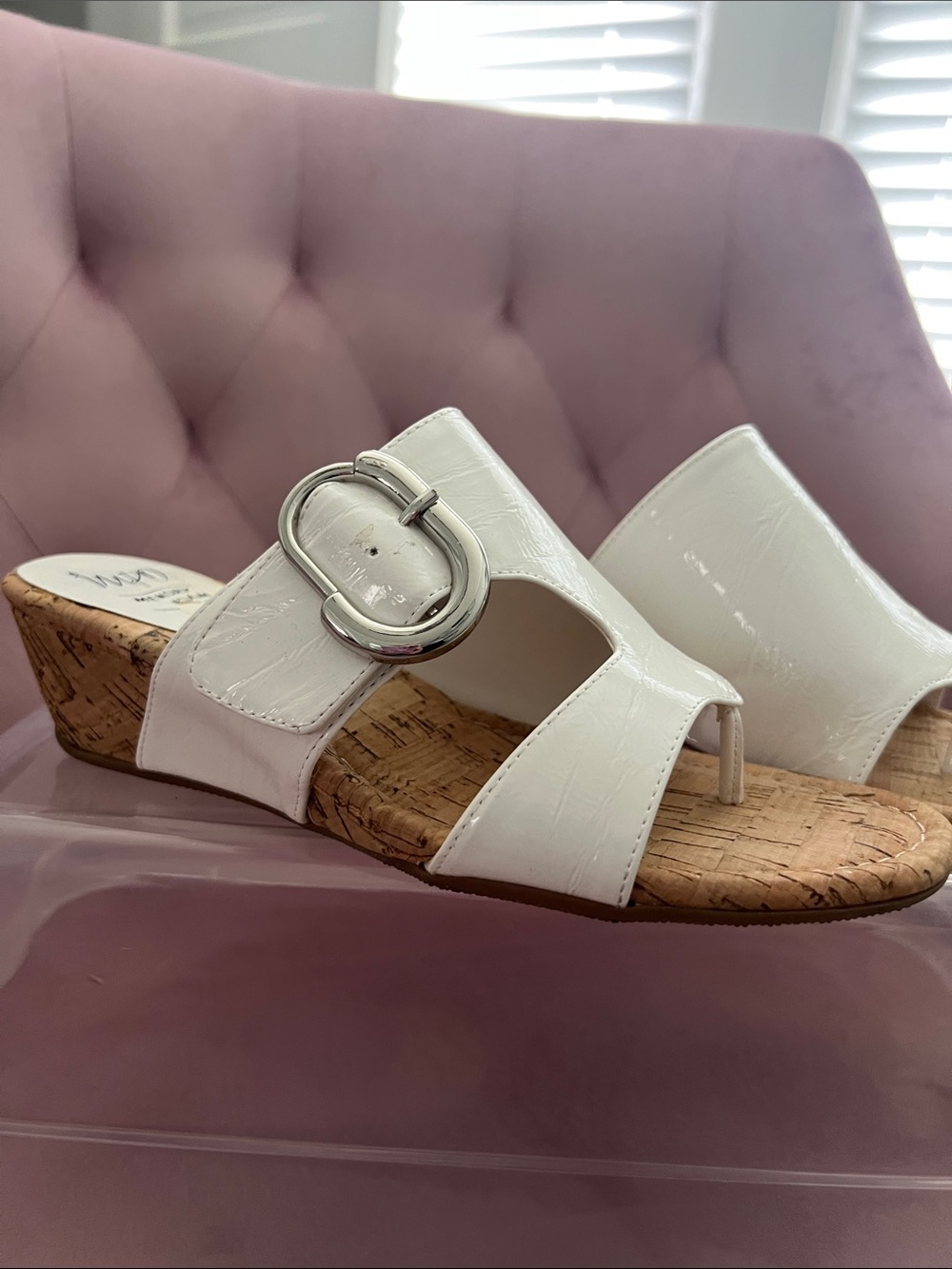 Impo White Cork Wedge Slide Sandals with Buckle Accent